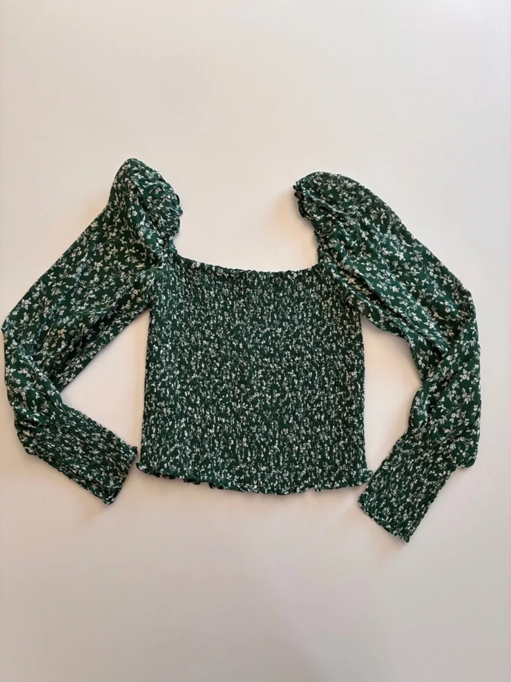Reformation-Pinto Top-Green-Floral-Cottage-Puff Sleeve-Smocked-Feminine-S